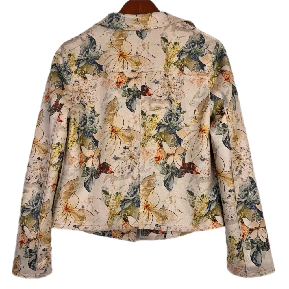 Philosophy Moto Jacket Women Medium Cream Floral Faux Leather Open Front Pockets - Picture 2 of 10